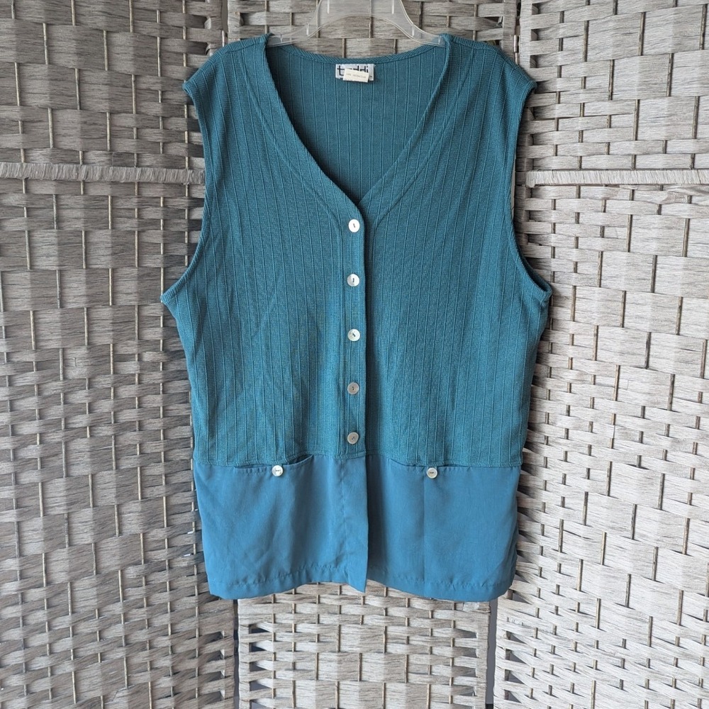 Vtg 90s Teddi V Neck Cardigan Vest Teal Mixed Media Ribbed Button Front Sz L
